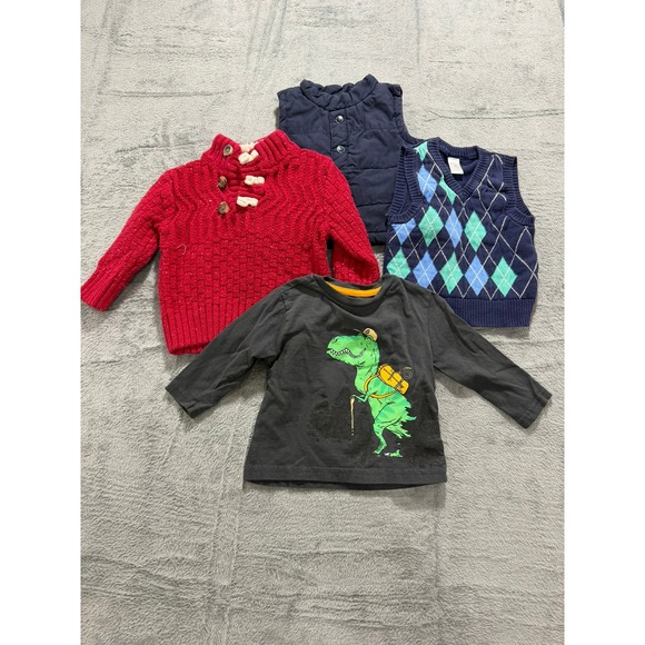 Cat & Jack Other - Baby Boy 12M Bundle Cat & Jack Red Sweater George Argyle Vest Puffer Dinosaur